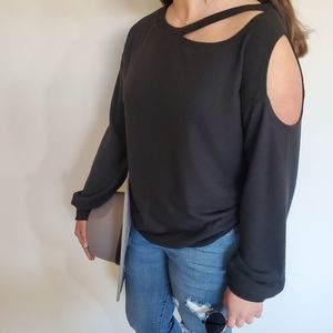 Curved Neck Cut Out Black Sweater Top